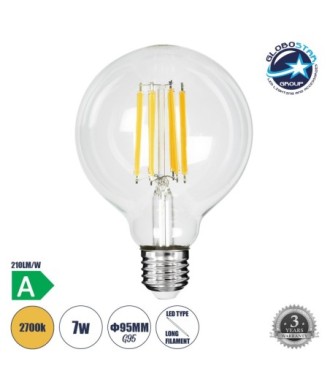 GLOBOSTAR® BUBBLE 99088 Λάμπα E27 G95 LED 7W 1470lm 360° AC 220-240V IP20 Θερμό Λευκό 2700K - Long Filament Chip - Διάφανο - Μ9.5 x Π9.5 x Υ13.8cm - 3 Χρόνια Εγγύηση